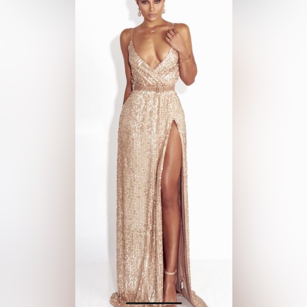 BEAUTIFUL HANDMADE GOLD SEQUIN SPLIT LONG PROM NYE DRESS GOWN